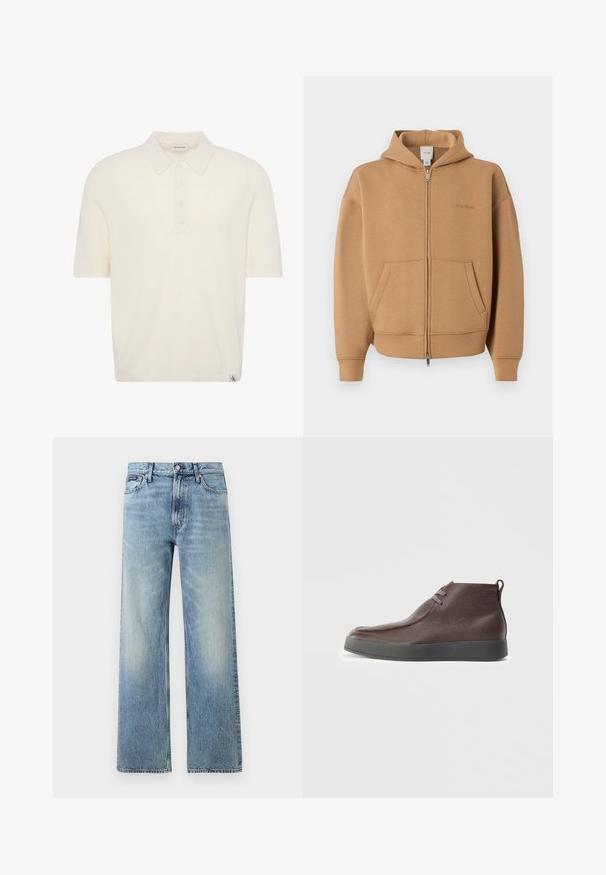 Sweat à capuche zippé beige avec poches frontales, manches longues, capuche et logo Calvin Klein discret sur la poitrine.; Polo en maille à manches courtes couleur crème avec quatre boutons et une petite étiquette logo Calvin Klein à l’ourlet.; Jean droit en denim bleu clair avec taille haute, cinq poches, fermeture à boutons et léger délavage sur les cuisses et les genoux.; Bottines en cuir marron avec une surface texturée, un bout arrondi et doux, et une semelle en caoutchouc grise, dotées de deux œillets pour les lacets.