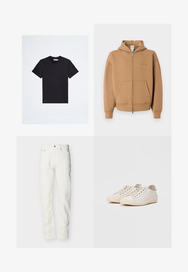 Beige zip-up hoodie met voorzakken, lange mouwen, capuchon en subtiel Calvin Klein-logo op de borst.; Zwart t-shirt met korte mouwen en ronde hals met een klein ton-sur-ton logo op de linkerborst en een wit merketiket binnenin de kraag.; Witte denim herenjeans met rechte pijpen, voorzien van een knoop- en ritssluiting aan de voorkant, riemlussen en een ontwerp met vijf zakken.; Witte sneakers van glad leer met ton-sur-ton stiksels, vetersluiting, ronde neus en een gestructureerde rubberen zool.