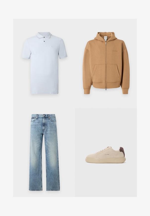 Beež zip-up kapuutsiga dressipluus esitaskute, pikkade varrukate, kapuutsi ja õrna Calvin Kleini logoga rinnal.; Lühikeste varrukatega heleroheline polo-särk, millel on kahe nupu klapiga esikülg ja vasakul rinnal peen tikitud logo, tavalise taustaga.; Hele sinise värviga sirge säärega teksapüksid kõrge vöökohaga, viie taskuga, nööpidega kinnitatavad ja õrnade plekidega reite ja põlvede piirkonnas.; Beige nabukist kingad ümmarguse nina, paeltega esiosas ja pruuni nabukist aktsendiga kanna osas. Omab tekstuuriga kummist tallat.