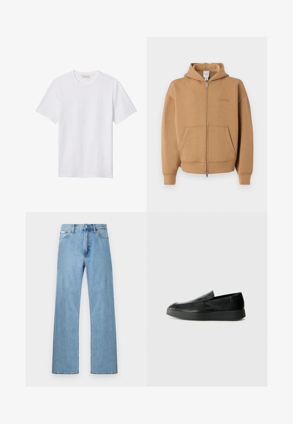 Tan lynlås-hættetrøje med forlommer, lange ærmer, hætte og diskret Calvin Klein-logo på brystet.; Hvidt ensfarvet T-shirt med korte ærmer og rund hals, med lille præget logo på venstre bryst og mærke indeni kraven.; Lyseblå straight-leg jeans i denim med fem-lomme-design og knaplukning i taljen, vist mod en ensfarvet baggrund.; Calvin Klein HYBRID CUP - Loafers - triple black
