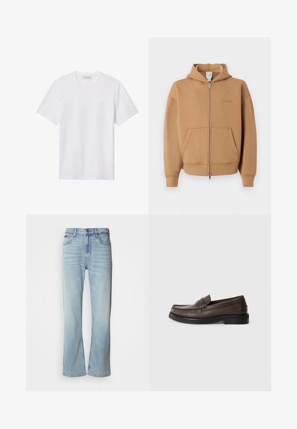 Beige zip-up hoodie met voorzakken, lange mouwen, capuchon en subtiel Calvin Klein-logo op de borst.; Effen wit T-shirt met korte mouwen en ronde hals, met een klein reliëflogo op de linkerborst en een merklabel binnenin de kraag.; Lichtblauwe denim jeans met een rechte pijp, voorzien van vijf zakken, een knoopsluiting en subtiele vervaging op de stof.; Bruine leren loafer met een gestikte detail op de neus, platte zool en een lage gestapelde hak. Gladde textuur met minimalistische designelementen.