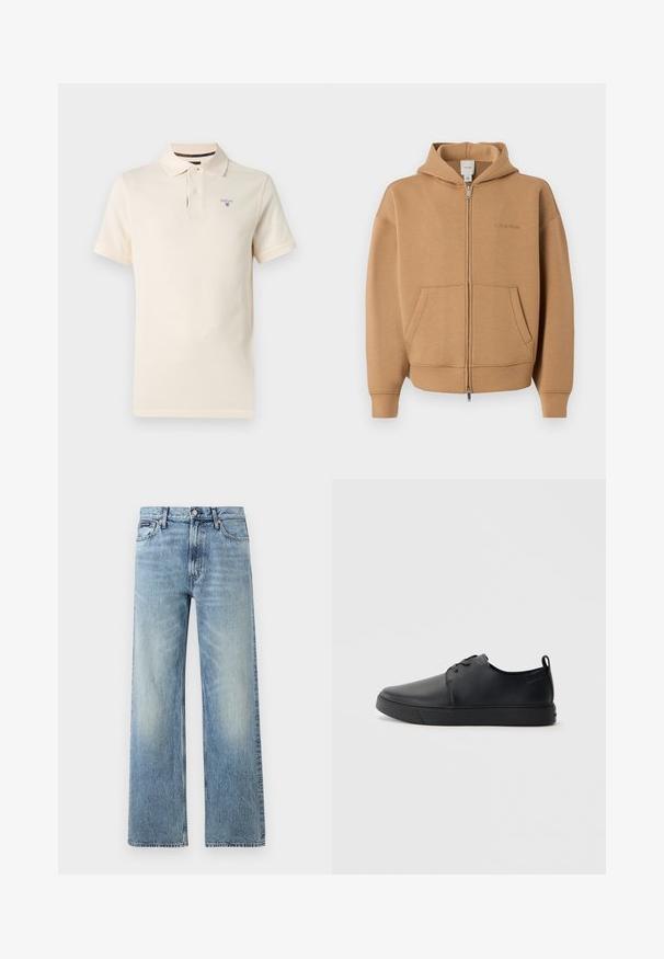 Sweat à capuche zippé beige avec poches frontales, manches longues, capuche et logo Calvin Klein discret sur la poitrine.; Polo crème à manches courtes avec deux boutons et logo Barbour brodé sur le côté gauche de la poitrine sur un fond uni.; Jean droit en denim bleu clair avec taille haute, cinq poches, fermeture à boutons et léger délavage sur les cuisses et les genoux.; Baskets en cuir noir avec une finition lisse, bout arrondi, coutures ton sur ton, devant à lacets et semelle plate en caoutchouc. Anse au talon.