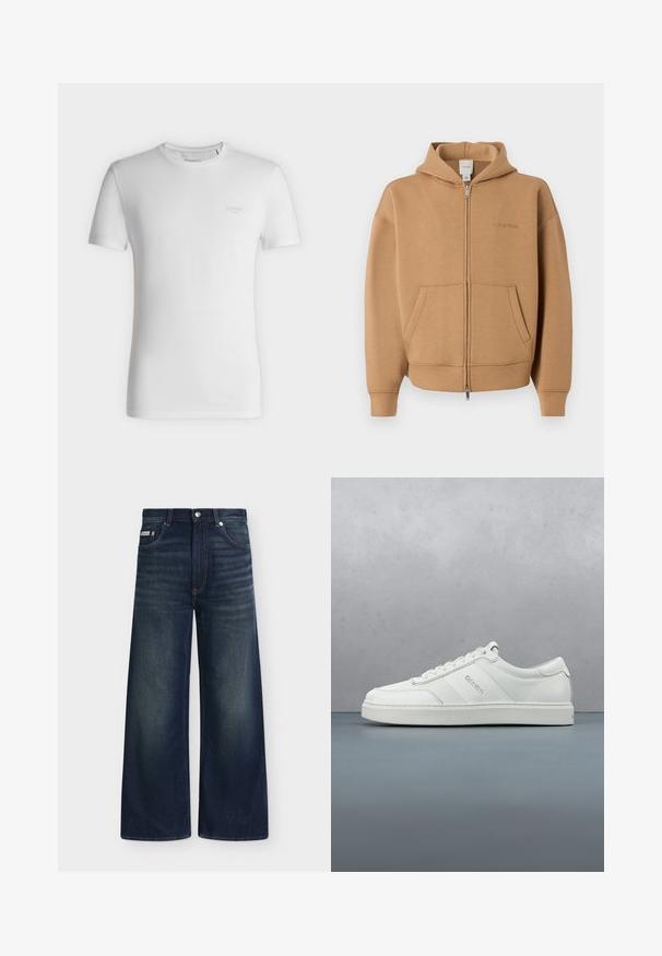 Sweat à capuche zippé beige avec poches frontales, manches longues, capuche et logo Calvin Klein discret sur la poitrine.; T-shirt blanc à manches courtes et col rond avec petit logo GUESS embossé sur le côté gauche de la poitrine, présenté sur un fond clair uni.; Jean en denim bleu foncé à jambes larges avec poches avant, passants de ceinture, fermeture par boutons et légère décoloration sur les cuisses et les genoux.; Baskets basses blanches avec un lacet, panneaux en cuir texturé et logo discret sur le côté, sur un fond clair uni.