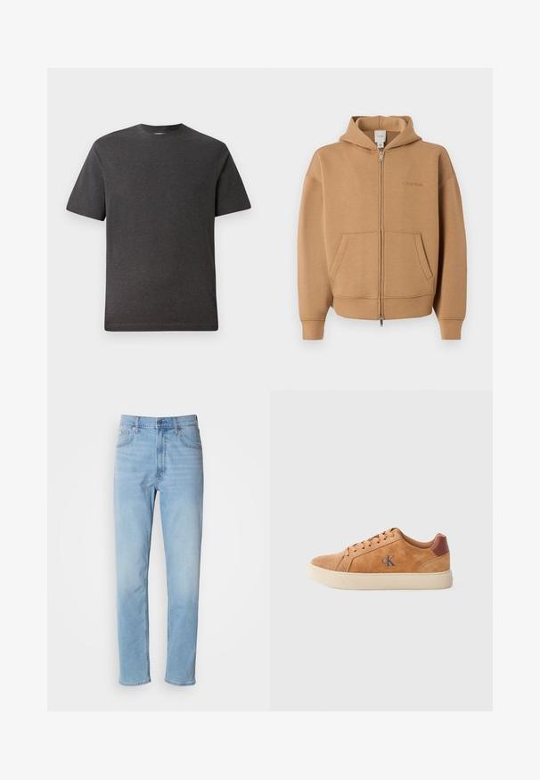 Sudadera con cremallera color marrón claro con bolsillos frontales, mangas largas, capucha y un discreto logo de Calvin Klein en el pecho.; Camiseta de manga corta gris, hecha de una tela suave y ligera, con cuello redondo y costuras mínimas. Apta para uso casual.; Jeans de mezclilla azul claro con un corte recto, cinco bolsillos y trabillas para cinturón. La tela presenta una textura suave con un ligero efecto de desvanecimiento.; Zapatilla de ante color canela con suela de goma beige, con acentos marrones y un pequeño logo azul en el costado. Diseño clásico con cordones.