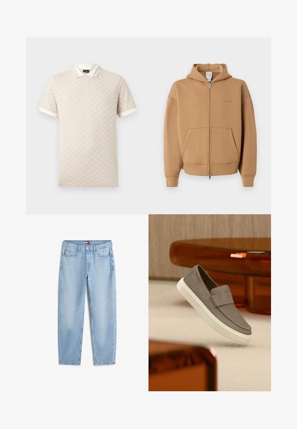 Sweat à capuche zippé beige avec poches frontales, manches longues, capuche et logo Calvin Klein discret sur la poitrine.; Polo beige avec motif géométrique subtil, col blanc et poignets de manche, manches courtes, patte à deux boutons, logo JOOP! sur l'étiquette du col.; Jean bleu clair évasé avec poches avant, passants de ceinture, fermeture par bouton et petit logo sur la poche avant droite.; Chaussure gris en daim à enfiler avec semelle blanche suspendue au-dessus d'un tapis beige, avec un meuble orange translucide en arrière-plan.