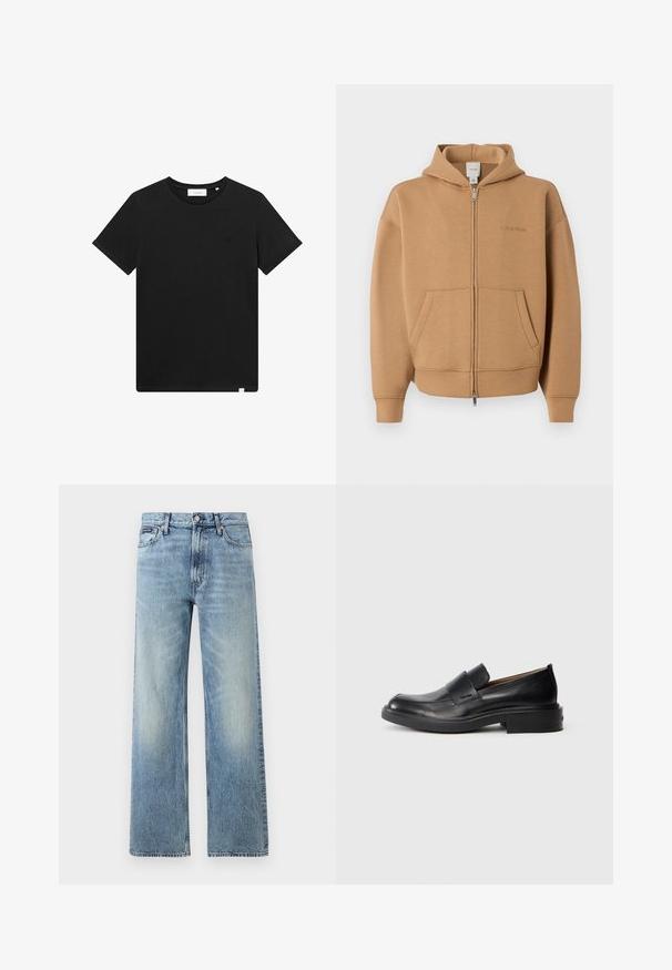 Beige zip-up hoodie met voorzakken, lange mouwen, capuchon en subtiel Calvin Klein-logo op de borst.; Zwarte T-shirt met korte mouwen van katoen, met een ronde hals en een klein logo geborduurd op de borst. Soepele textuur, normale pasvorm.; Lichtblauwe denim jeans met rechte pijpen, een hoge taille, vijf zakken, knoopsluiting en subtiele vervaging op de dijen en knieën.; Zwarte leren instap schoenen met een lage hak en subtiel Calvin Klein-logo aan de zijkant, weergegeven in profiel op een witte achtergrond.