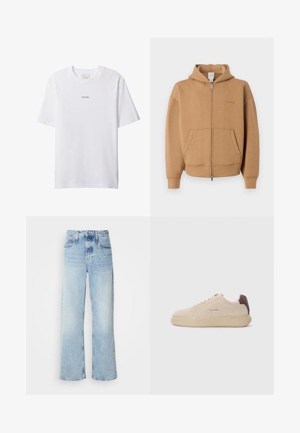 Tan lynlås-hættetrøje med forlommer, lange ærmer, hætte og diskret Calvin Klein-logo på brystet.; Hvid bomuld t-shirt med rund hals og korte ærmer. Har en lille sort "Calvin Klein"-logo centreret på brystet.; Lysblå vide jeans med høj talje, der har en falmet finish, bæltestropper og klassisk fem-lomme design. Kantene er rå.; Beige ruskind sneakers med rund tå, snørret foran og en brun ruskindsdetalje på hælen. Har en tekstureret gummisål.