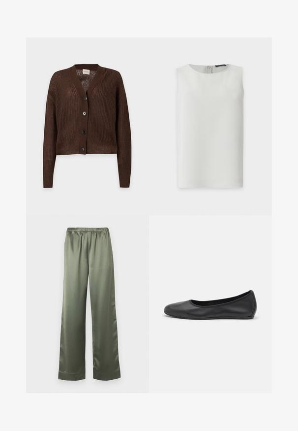 Cardigan marron tricoté à manches longues, col en V et quatre boutons noirs sur le devant, sur un fond uni clair.; Blouse blanche sans manches avec encolure ronde et fermeture éclair visible dans le dos, présentée sur fond blanc uni.; Pantalon ample en satin vert olive avec une taille élastique et des jambes larges et droites.; Ballerines en cuir noir avec un bout rond, texture lisse, détails de couture minimalistes et design de semelle flexible.