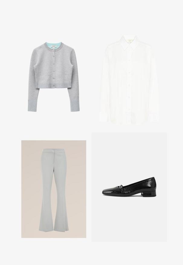 Lichtgrijze korte cardigan met lange mouwen, ronde hals, knopen aan de voorkant en geribde manchetten en zoom.; Witte blouse met lange mouwen, knoopsluiting voor, een klassieke kraag en een reguliere pasvorm. Gemaakt van gladde stof, met acht knopen aan de voorkant.; Lichtgrijze uitlopende broek van een gladde stof, met een aansluitende taille en zijzakken, voorzien van een persnaad aan de voorkant voor extra structuur.; Zwarte laarzen van gepatenteerd leer met een puntige neus, een lage vierkante hak en een kleine metalen gespdetail op de band. Gladde textuur.