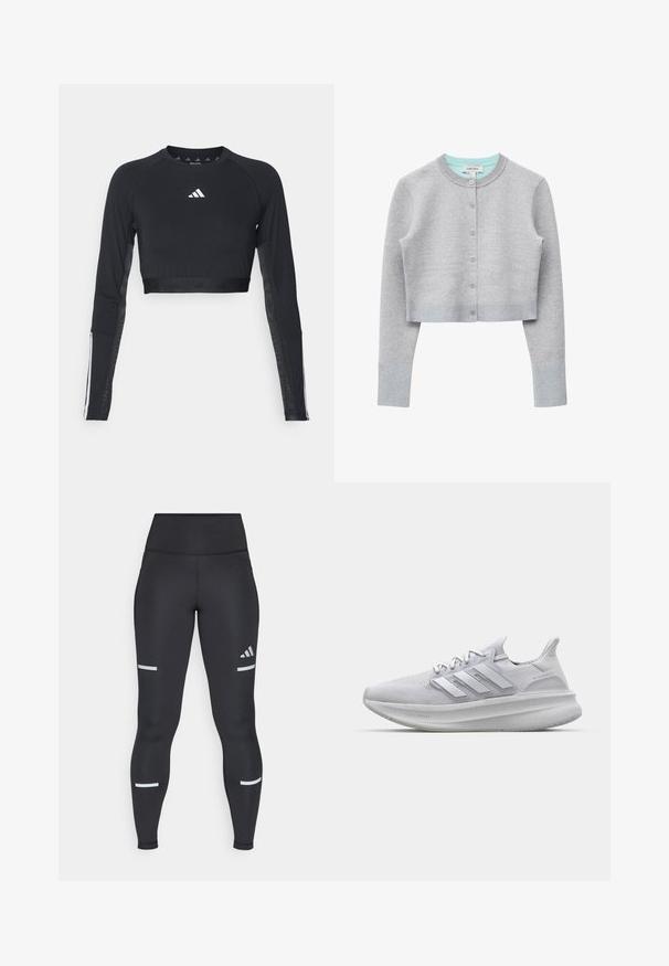Lysegrå kort cardigan med lange ærmer, rund halsudskæring, knaplukning foran samt ribkant ved manchetter og forneden.; Sort cropped træningstop med lange ærmer lavet af glat stof. Har et hvidt logo på brystet og stribede detaljer på ærmerne.; Sorte leggings med høj talje, lavet af glat materiale. Har hvide reflekterende striber nær knæene og et Adidas-logo.; Hvide sportsko med en tekstureret mesh-overdel, tredimensionale side-striber og en tyk sål, der er mærket 'LIGHT BOOST.'