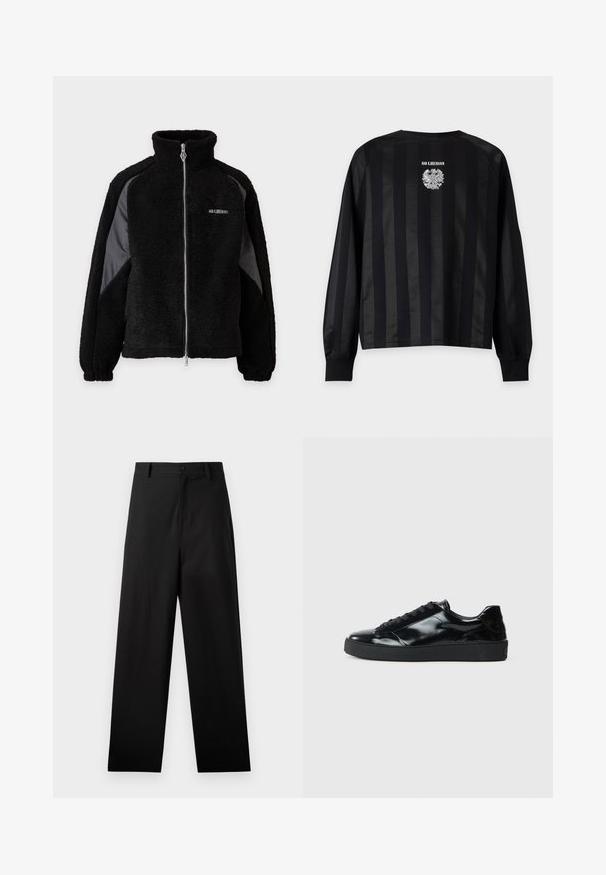Zwarte fleece jas met rits, hoge kraag en contrasterende gladde stofpanelen op de mouwen, elastische manchetten en klein wit logo op de borst.; Zwart shirt met lange mouwen met subtiele verticale strepen en witte "HAN KJØBENHAVN" tekst boven een gedetailleerd wit arendembleem op de borst.; Zwarte broek van katoen met een rechte pijpdesign, voorzien van een sluiting met een knoop aan de voorkant en zijzakken. Gladde textuur, geen patronen.; Zwarte gepatenteerde leren sneakers met een ronde neus, vetersluiting, een gestructureerde rubberen zool en een glanzende afwerking.