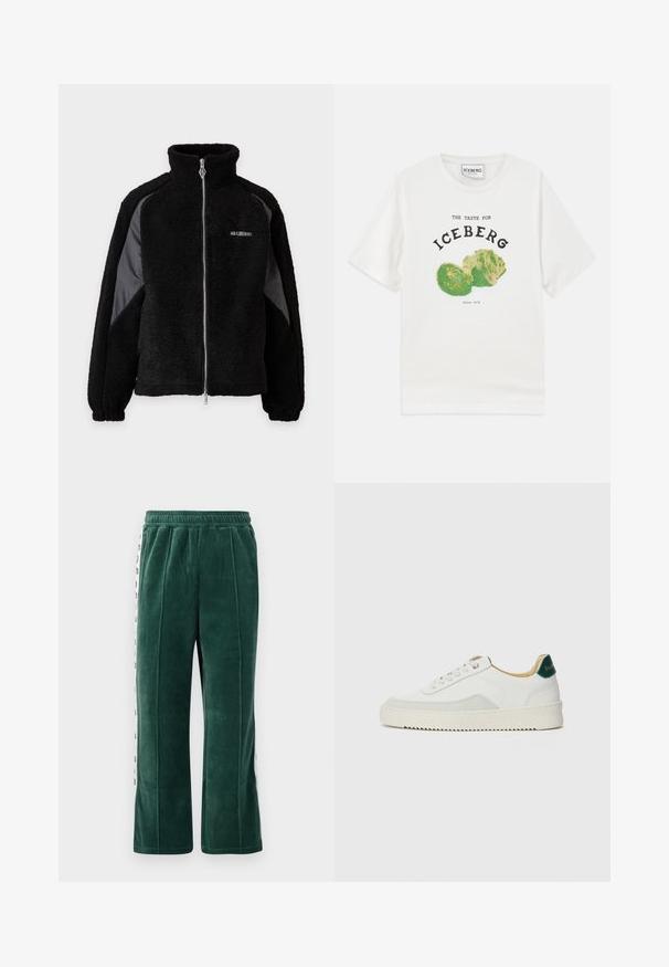 Chaqueta negra de forro polar con cremallera, cuello alto y paneles de tela lisa en contraste en las mangas, puños elásticos y pequeño logo blanco en el pecho.; Camiseta blanca de algodón con un gráfico de lechuga iceberg, con texto negro que dice "EL SABOR DE LA ICEBERG" y "Desde 1974."; Pantalones de chándal de terciopelo verde oscuro con cinturilla elástica, que cuentan con costuras verticales y paneles laterales blancos con texto negro. Corte recto.; Zapatilla blanca con acentos de ante, puntera redondeada, cordones planos y suela de goma color crema. Presenta un logo verde en el talón.