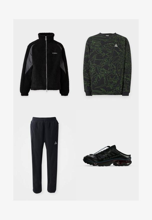 Chaqueta negra de forro polar con cremallera, cuello alto y paneles de tela lisa en contraste en las mangas, puños elásticos y pequeño logo blanco en el pecho.; Sudadera negra de manga larga con patrones abstractos de líneas verdes y un pequeño logo blanco de ACG en el pecho izquierdo.; Pantalones atléticos negros de material suave y texturizado, con cinturilla elástica, bolsillos laterales y un acento de logo triangular en el muslo.; Zapatilla Salomon negra tipo slip-on para trail con punta protectora, sistema de cordones rápidos y suela resistente para uso al aire libre.