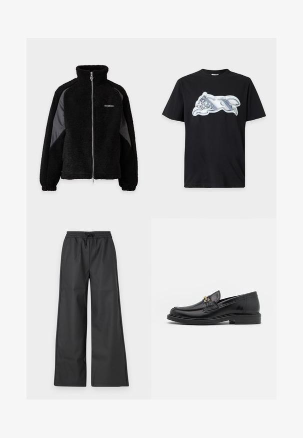 Zwarte fleece jas met rits, hoge kraag en contrasterende gladde stofpanelen op de mouwen, elastische manchetten en klein wit logo op de borst.; Zwarte T-shirt met korte mouwen met een glanzende zilveren metalen afbeelding van een rennend dier op de borst.; Han Kjøbenhavn RELAXED TRACK TROUSERS - Broek - black; Zwarte leren instappers met een ronde neus, voorzien van een gouden hardware accent en stikdetails, geplaatst op een lage, getextureerde rubberen zool.