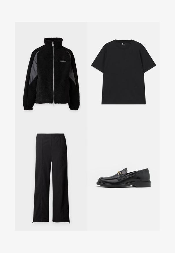 Schwarze Fleecejacke mit Reißverschluss und hohem Kragen, kontrastierenden glatten Stoffeinsätzen an den Ärmeln, elastischen Bündchen und kleinem weißen Logo auf der Brust.; Schwarzes Kurzarm-T-Shirt aus Baumwolle mit rundem Halsausschnitt und einem kleinen Logo-Detail am Saum. Glatte Textur, reguläre Passform.; Schwarze weit geschnittene Hosen mit glatter Textur, elastischem Bund und Kordelzugverschluss an den Knöcheln. Verfügt über kontrastierende Steppnähte.; Schwarze Lederleter mit einer abgerundeten Zehenpartie, ausgestattet mit goldenen Hardwareakzenten und Stichdetails, auf einer niedrigen, strukturierten Gummisohle.