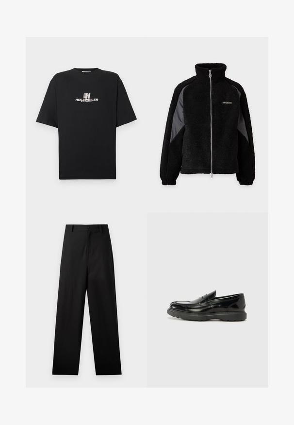 Casaco de fleece preto com fecho de correr, colarinho alto e painéis de tecido liso contrastantes nas mangas, punhos elásticos e pequeno logótipo branco no peito.; T-shirt preta de algodão com decote redondo e mangas curtas. Apresenta um logótipo impresso em branco que diz "HOLZWEILER WINTERSPORT" na parte da frente.; Calças pretas de algodão com um design de pernas retas, apresentando um fecho frontal por botão e bolsos laterais. Textura suave, sem padrões.; Mocassim de couro preto com acabamento brilhante, bico arredondado, detalhes de costura subtil e sola de borracha espessa para durabilidade.