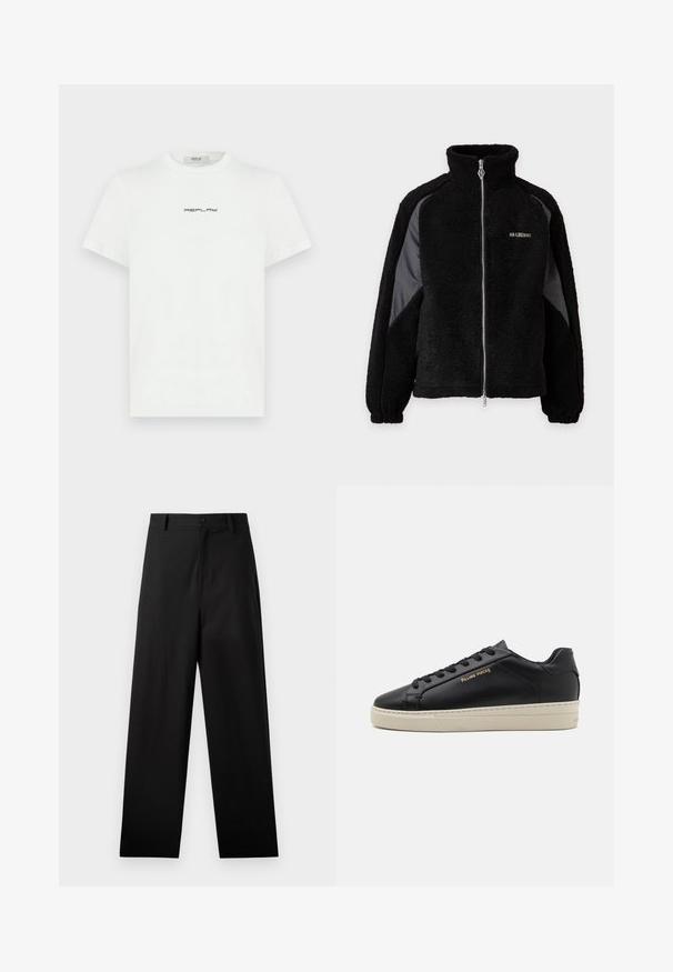 Schwarze Fleecejacke mit Reißverschluss und hohem Kragen, kontrastierenden glatten Stoffeinsätzen an den Ärmeln, elastischen Bündchen und kleinem weißen Logo auf der Brust.; Weißes Baumwoll-T-Shirt mit kurzen Ärmeln und Rundhalsausschnitt. Auf der Brust befindet sich ein schwarzes "REPLAY"-Logo. Glatte Textur.; Schwarze Baumwollhosen mit geradem Bein, ausgestattet mit einem vorderen Knopfverschluss und Seiten Taschen. Glatte Textur, keine Muster.; Schwarze Leder-Sneaker mit glatter Oberfläche, kontrastierender cremefarbener Sohle, abgerundeter Spitze, goldfarbenem Logo an der Seite und sechs Ösen für die Schnürsenkel.