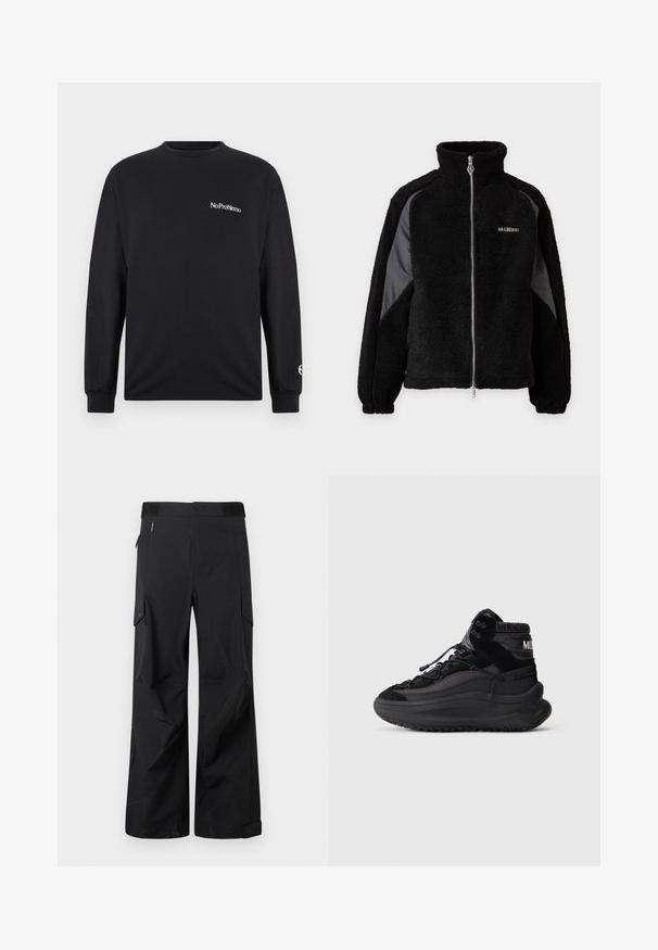 Veste zippée en polaire noire avec col montant et panneaux en tissu lisse contrastants sur les manches, poignets élastiques et petit logo blanc sur la poitrine.; T-shirt noir à manches longues en coton. Présente le texte "No Problemo" sur la poitrine et un logo sur la manche. Encolure ronde et poignets ajustés.; Pantalons cargo noirs en tissu lisse et résistant à l'eau. Dotés de jambes larges, de multiples poches latérales et d'une taille plate avec un branding subtil.; Basket en toile noire à tige haute avec semelle épaisse, empeigne à lacets, col de cheville rembourré et panneaux latéraux texturés sur un fond clair.