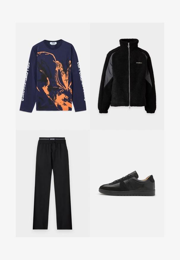 Chaqueta negra de forro polar con cremallera, cuello alto y paneles de tela lisa en contraste en las mangas, puños elásticos y pequeño logo blanco en el pecho.; Camiseta de manga larga de color navy hecha de algodón, con un diseño abstracto en naranja y negro. El texto en la manga dice "SIGUE AL CONEJO."; Pantalones negros con un corte relajado, cinturilla elástica, cordón ajustable y bolsillos laterales. Fabricados en una tela suave sin patrones.; Tiger of Sweden BELLICU - Zapatillas - black