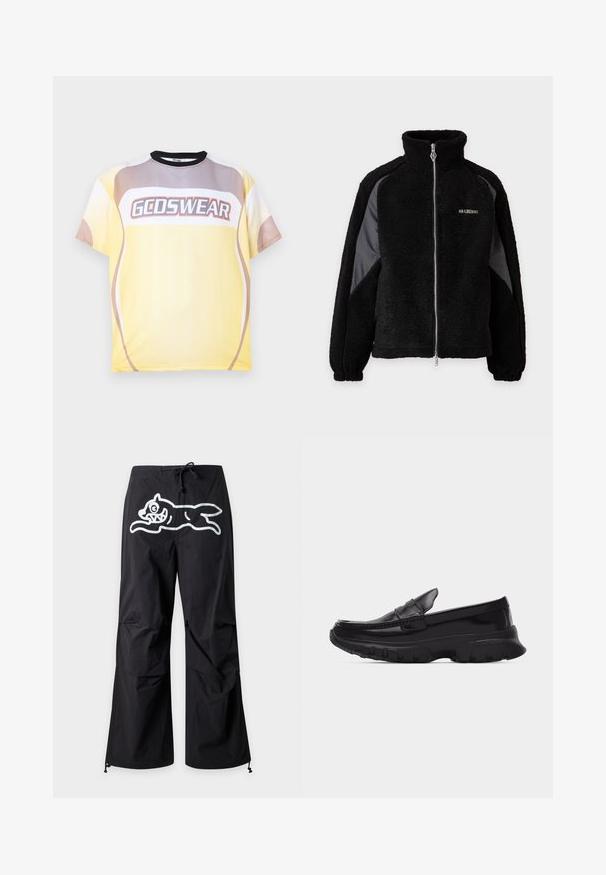 Black fleece zip-up jacket with high collar and contrasting smooth fabric panels on sleeves, elastic cuffs, and small white logo on chest.; Short-sleeve crewneck t-shirt with yellow, beige, and white color blocks and "GCDSWEAR" logo across the chest.; Black loose pants with a white outlined graphic of a cartoon dog with sharp teeth across the front waist area and a drawstring closure.; Black shiny loafer with thick textured sole and stitched detailing, side profile on plain light gray background.