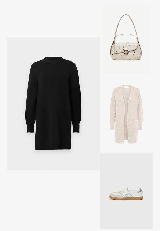 Lang beige åben cardigan med lange ærmer og to forlommer, blødt tekstureret strikstof.; Sort strikket kjole med rund halsudskæring, lange puffærmer og ribbede manchetter. Enkel, lige silhuet. Glat tekstur.; Hvid sneaker med sølvstriber, ruskindsspids og velcrolukning. Sål af tekstureret gummimateriale. Minimalistisk design med glat finish.; Kremfarvet håndtaske med brune prikker, buet klap med rund metalspænde, med to tynde stropper, hvoraf den ene er længere til skulderbrug.