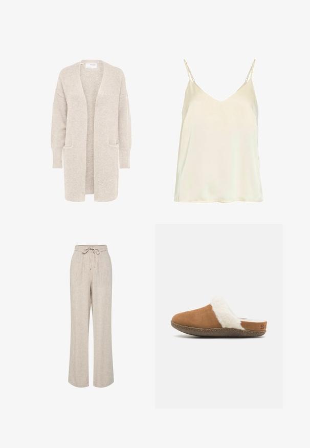 Long gilet beige ouvert sur l'avant, manches longues et deux poches avant, en maille douce texturée.; Haut débardeur couleur crème sans manches avec fines bretelles réglables et encolure en V.; Pantalon beige coupe ample avec jambes larges, taille élastique et cordon noué à l'avant.; Chausson en suède marron à enfiler avec une doublure blanche duveteuse et une semelle texturée. Présente un bord cousu et un petit détail de marque sur le talon.