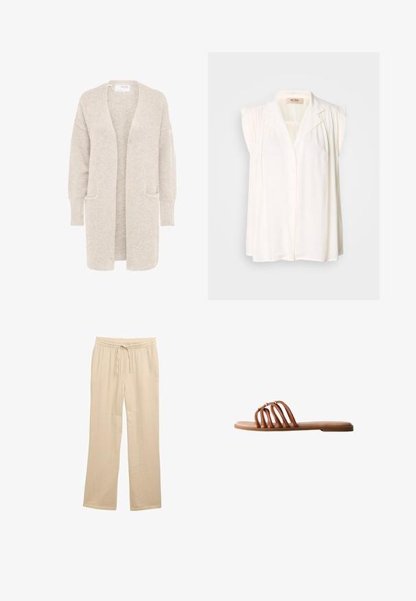 Lang beige åben cardigan med lange ærmer og to forlommer, blødt tekstureret strikstof.; Hvid ærmeløs bluse med krave, frontlukkede knapper og plisserede skulderdetaljer. Blød tekstur og let flydende design.; Beige vide benbukser lavet af struktureret stof med en elastisk talje og snoretræk for justerbar pasform.; Flad brun sandal med fire tynde, buede remme, der krydser foden, og små guldbeklædte spænder på hver rem.