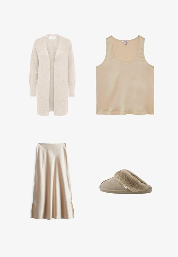 Lange beige open cardigan met lange mouwen en twee voorzakken, zachte gestructureerde gebreide stof.; Reiss REGULAR FIT - Blouse - neutral; Satin rok in een lichtbeige kleur, met een gladde textuur, een uitlopende uitstraling en zijsplitten voor gemakkelijk bewegen.; Beige instapslof met zachte, pluche bontvoering rond de opening en een suède-achtige buitenzool.