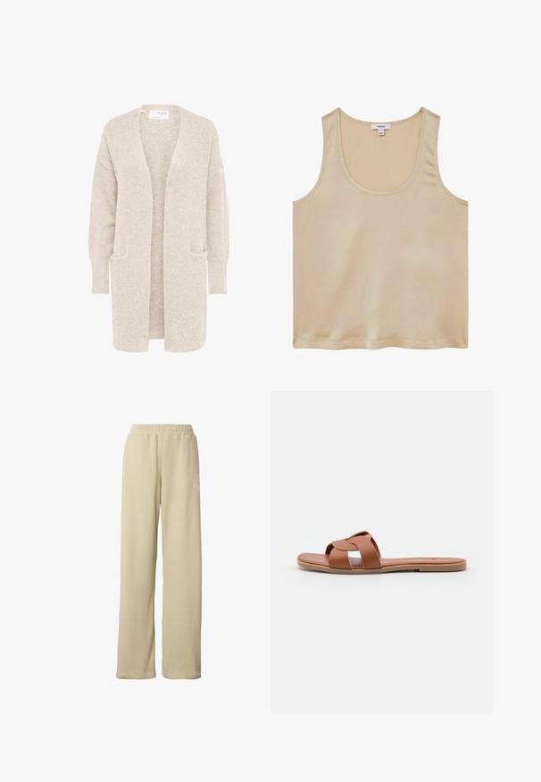 Lange beige open cardigan met lange mouwen en twee voorzakken, zachte gestructureerde gebreide stof.; Reiss REGULAR FIT - Blouse - neutral; Beige geribbelde wijde broek met elastische tailleband en subtiel klein wit logo op de bovenkant van de dij.; Bruine platte sandaalslippers van soepel leer met een kruissprayontwerp, met een vlakke zool en een minimalistische stijl.