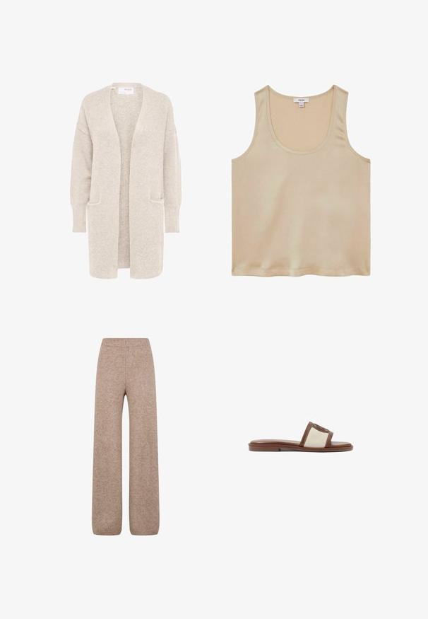 Cardigan largo beige con abertura frontal, mangas largas y dos bolsillos delanteros, tejido de punto suave y texturizado.; Reiss REGULAR FIT - Blusa - neutral; Pantalones de punto de pierna ancha en un tono marrón claro con una cinturilla y puños acanalados, confeccionados con una tela suave y texturizada. No se ven bolsillos.; Sandalia deslizante de cuero marrón con una parte superior de tejido beige, suela plana y punta redondeada. El diseño incluye un acento con el logo en la correa.