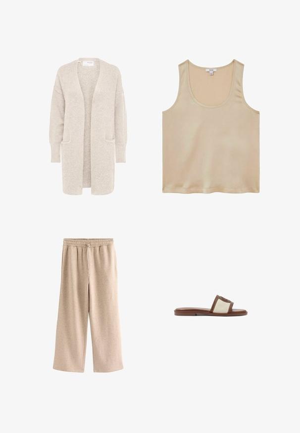 Lang beige åben cardigan med lange ærmer og to forlommer, blødt tekstureret strikstof.; Reiss REGULAR FIT - Bluse - neutral; Beige bukser med vide ben, elastisk talje og snørre, lavet af et blødt, plettet stof.; Brune læderslidesandal med en beige vævet overdel, flad sål og rund tå. Designet inkluderer en logoakcent på remmen.