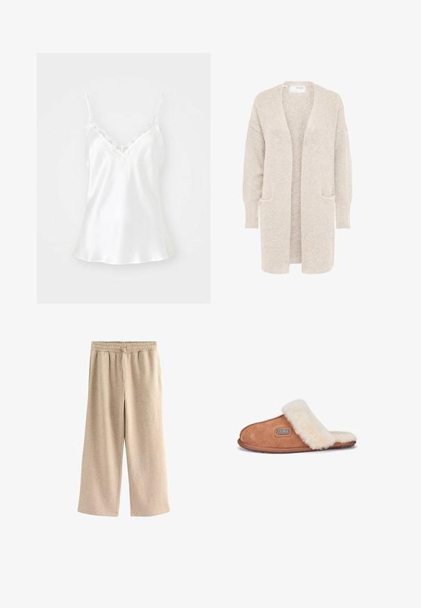 Cardigan largo beige con abertura frontal, mangas largas y dos bolsillos delanteros, tejido de punto suave y texturizado.; Camiseta de satén blanco con encaje en el escote en V y tirantes ajustables. Textura suave, con dobladillo acampanado.; Pantalones de pierna ancha beige fabricados con una tela suave, con una cinturilla elástica y cordones, y una sutil textura moteada en toda su superficie.; Zapatilla de ante marrón con una correa y forro de borrego de color crema, puntera redondeada, suela plana y un logo en el lateral.