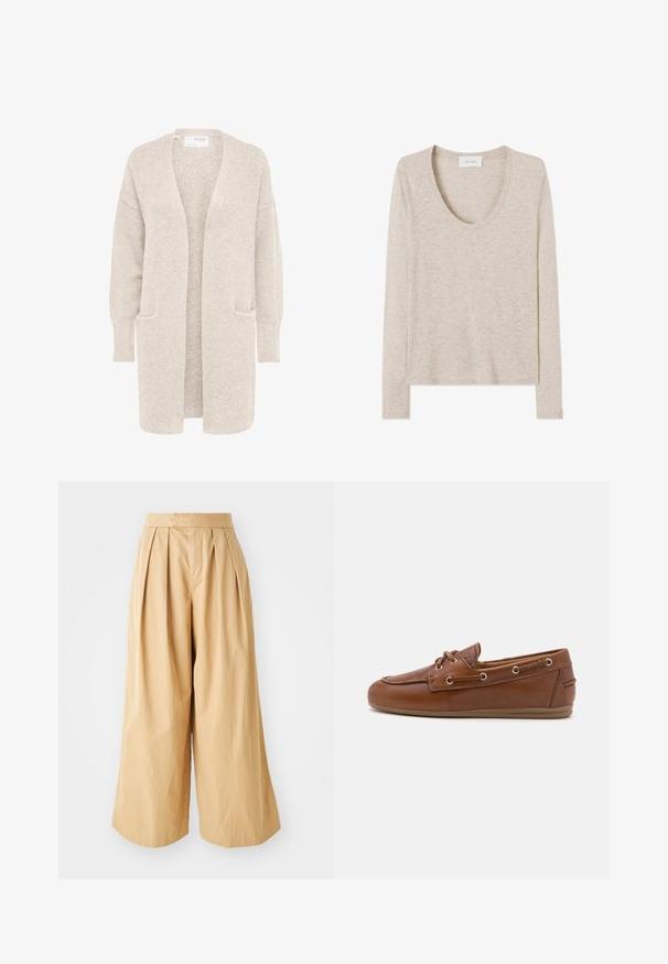 Long gilet beige ouvert sur l'avant, manches longues et deux poches avant, en maille douce texturée.; Haut beige à manches longues, col rond, tricot léger avec un ourlet droit, montré à plat sur un fond blanc.; Pantalons larges beiges avec une taille haute, présentant des plis à l'avant et un tissu en coton lisse et texturé.; Bateaux en cuir marron avec un détail de laçage, des œillets en métal, une finition texturée et une semelle en caoutchouc souple beige. Design à bout rond.