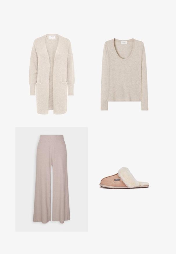 Long gilet beige ouvert sur l'avant, manches longues et deux poches avant, en maille douce texturée.; Haut beige à manches longues, col rond, tricot léger avec un ourlet droit, montré à plat sur un fond blanc.; Pantalons larges gris clair fabriqués en tissu doux et côtelé, dotés d'une taille haute et de jambes longues avec une texture subtile.; Chausson en daim beige avec une douce doublure en fourrure blanche, design à bout ouvert, semelle plate et une petite étiquette de marque sur le côté.