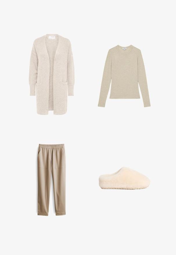 Lange beige open cardigan met lange mouwen en twee voorzakken, zachte gestructureerde gebreide stof.; Beige langärmelig gebreid topje met ronde hals en een slanke pasvorm, gemaakt van zachte stof.; Beige elastische broeken met een tailleband, twee voorzakken, taps toelopende pijpen en een gladde textuur, geschikt voor casual kleding.; Beige, zachte, fuzzy slippers met een vlakke, stevige zool en een ronde neus, met een naadloos ontwerp en een luxe textuur.