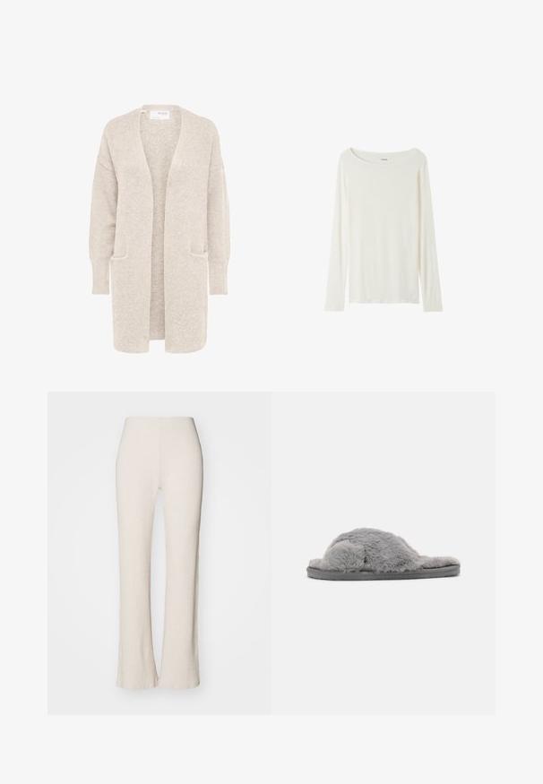 Long gilet beige ouvert sur l'avant, manches longues et deux poches avant, en maille douce texturée.; Chemise blanche à manches longues avec un large col rond, présentée à plat sur un fond blanc.; Pantalons tricotés côtelés crème avec une coupe évasée, dotés d'une taille haute et d'une texture lisse. Le tissu semble extensible et doux.; Chaussons gris en peluche avec une texture douce et un design à orteils ouverts. Présentent une semelle épaisse et texturée pour le confort et la durabilité.