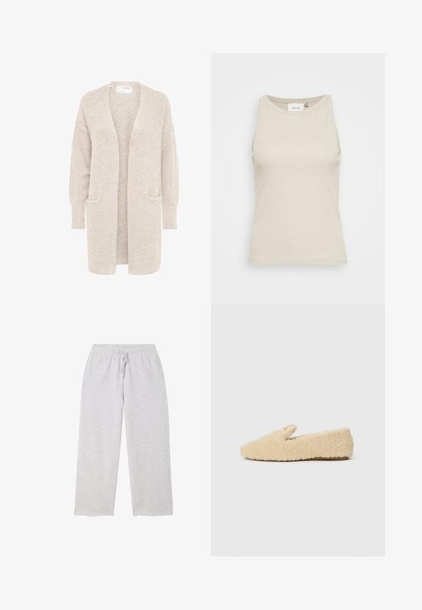 Langer beiger Cardigan mit offenem Vorderteil, langen Ärmeln und zwei Fronttaschen, weicher strukturierter Strickstoff.; Helles beiges Tanktop aus geripptem Stoff mit rundem Ausschnitt und ärmellosem Design. Verfügt über ein dezentes Markenlabel innen.; Hellgraue Sweatpants mit weitem Bein, elastischem Bund und Kordelzug sowie Taschen auf beiden Seiten.; Cremfarbene, flauschige Schlupfschuhe mit niedrigem Absatz und weichem, strukturiertem Stoff, seitlich auf einem weißen Hintergrund abgebildet.