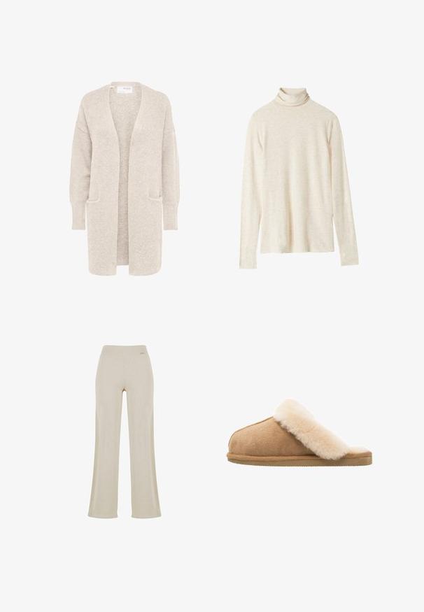 Lange beige open cardigan met lange mouwen en twee voorzakken, zachte gestructureerde gebreide stof.; Beige coltrui met lange mouwen, gemaakt van zachte stof, heeft een relaxte pasvorm, subtiele textuur en geen zichtbare patronen of accenten.; Beige wijde broek met een gladde ribbelstructuur, elastische tailleband en geen zichtbare versieringen, die een ontspannen silhouet biedt.; Beige suède instapschoen met een zachte, fluffy crème schapenvachtvoering. Voorzien van een platte, gestructureerde rubberen zool voor grip.