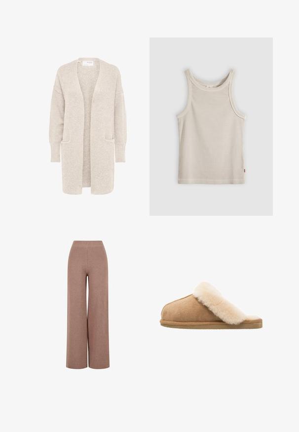 Cardigan largo beige con abertura frontal, mangas largas y dos bolsillos delanteros, tejido de punto suave y texturizado.; Camiseta sin mangas beige acanalada con escote redondo y ajuste entallado, mostrada sobre un fondo gris.; Pantalones de punto marrones de pierna ancha con una tela texturizada, que cuentan con una cinturilla elástica y un ajuste holgado para mayor comodidad.; Zapatilla de ante de color beige, con un suave forro de piel de oveja crema. Cuenta con una suela de goma plana y texturizada para mayor agarre.