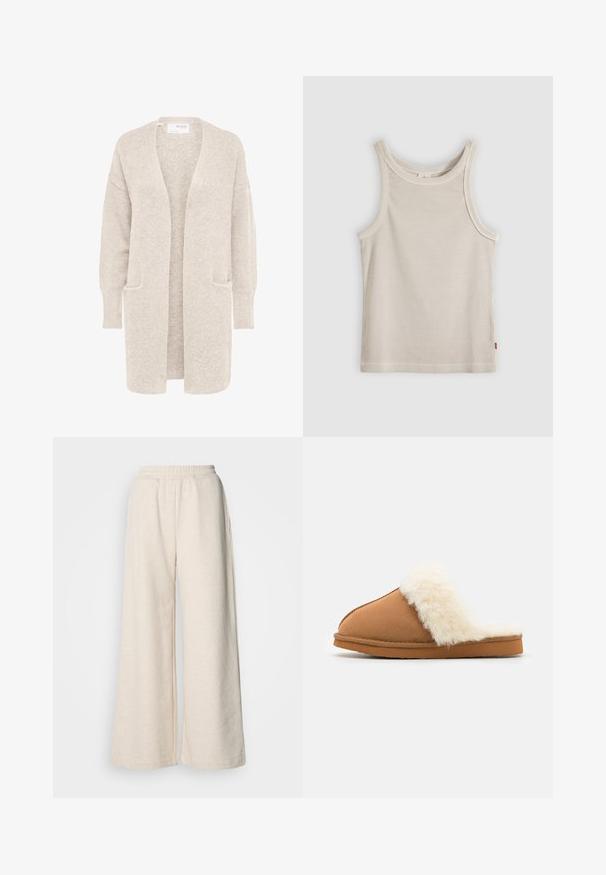 Long gilet beige ouvert sur l'avant, manches longues et deux poches avant, en maille douce texturée.; Débardeur beige côtelé sans manches avec encolure ronde et coupe ajustée, présenté sur un fond gris.; Pantalons taille haute à jambes larges en tissu beige clair. Dotés d'une taille élastique et de poches latérales. Texture douce avec un design décontracté.; Pantoufle en suede marron avec un manchon en fausse fourrure blanche, design à bout fermé, semelle plate et détails de couture visibles le long des bords.