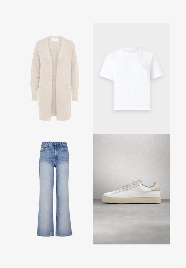 Lang beige åben cardigan med lange ærmer og to forlommer, blødt tekstureret strikstof.; Hvid kortærmet bomuld t-shirt med rund halsudskæring og lige kant, vist på en hvid baggrund.; Lys blå denim bred-benede jeans har høj talje, knaplukning, diskret slidmærker og et klassisk fem-lomme design.; Hvide lædersneakers med en glat overflade, beige ruskindsdetaljer, rund tå, flad snørebåndsdesign og en struktureret gummisål.