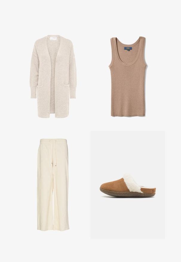 Long gilet beige ouvert sur l'avant, manches longues et deux poches avant, en maille douce texturée.; Débardeur beige en maille côtelée sans manches avec col en U et étiquette de la marque OVS à l'intérieur du col arrière.; Pantalons larges en crème, fabriqués dans un tissu texturé avec un motif à côtes. Dotés d'une taille élastique et d'un cordon de serrage pour un ajustement optimal.; Chausson en suède marron à enfiler avec une doublure blanche duveteuse et une semelle texturée. Présente un bord cousu et un petit détail de marque sur le talon.
