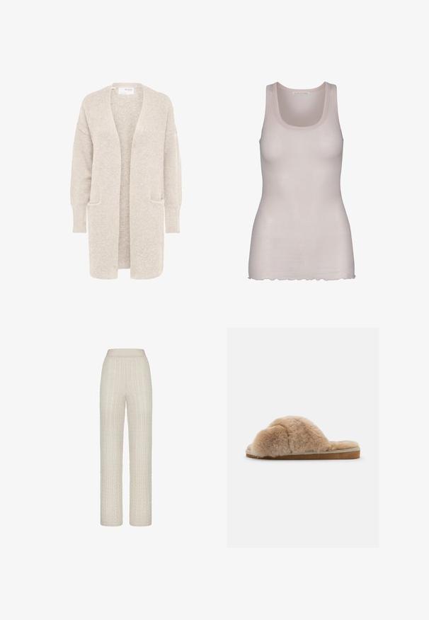 Lang beige åben cardigan med lange ærmer og to forlommer, blødt tekstureret strikstof.; Lyserød tanktop lavet af glat stof. Den har en rund halsudskæring, brede stropper og en let bølget kant.; Lys beige kabelstrikkede bukser med en bred talje, der har hævede teksturmønstre og en afslappet, lige pasform.; Fuzzy beige hjemmesko med blød tekstur, åben bag og indvendig foring. Flad sål med en lysebrun bund og beige syning.