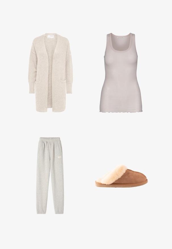 Lang beige åben cardigan med lange ærmer og to forlommer, blødt tekstureret strikstof.; Lyserød tanktop lavet af glat stof. Den har en rund halsudskæring, brede stropper og en let bølget kant.; Grå sweatpants lavet af blød bomuldsblanding, med elastisk talje, sidelommer og et lille logo på venstre lår.; Brun ruskinds-slip-on-tøfler med tyk cremefarvet fleecelining og sål, designet til indendørs komfort og varme.