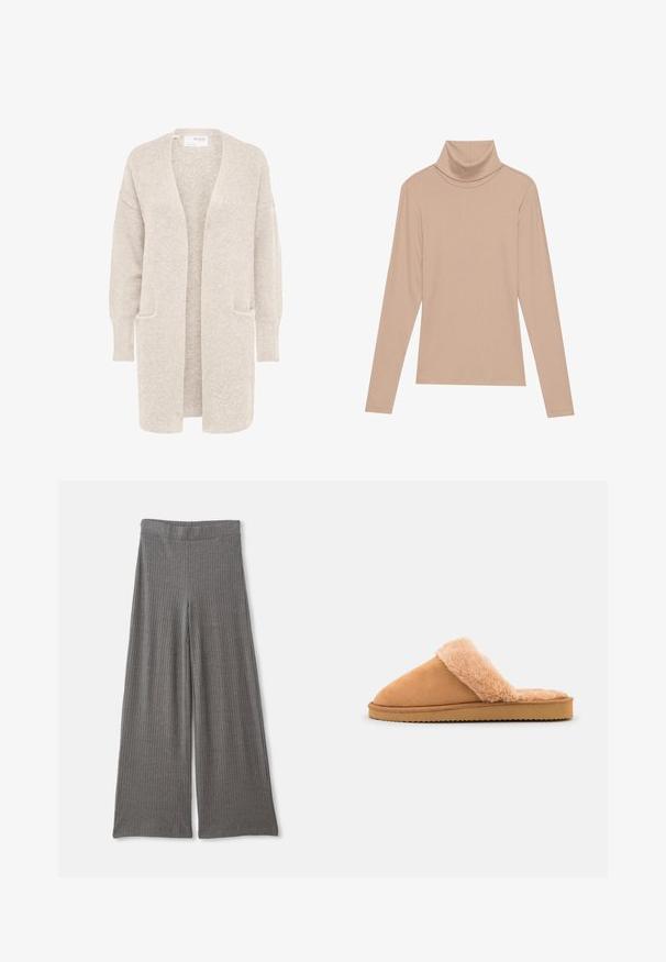 Lang beige åben cardigan med lange ærmer og to forlommer, blødt tekstureret strikstof.; Beige langærmet ribbet turtleneck-top med høj krave, præsenteret fladt på en lys baggrund.; Grå, ribbede bukser med bred benfacon og høj, elastisk talje. Stoffet virker blødt og tekstureret, hvilket giver en afslappet pasform hele vejen ned.; Even&Odd by Zalando Hjemmesko - cognac