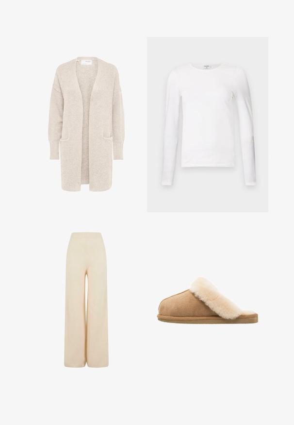 Langer beiger Cardigan mit offenem Vorderteil, langen Ärmeln und zwei Fronttaschen, weicher strukturierter Strickstoff.; Weißes Langarm-T-Shirt aus weicher Baumwolle, mit rundem Halsausschnitt und schmalem Schnitt, sauberen Nähten und ohne sichtbare Muster.; Cremfarbene weite Stoffhosen aus weichem Material, mit einem elastischen Bund und strukturiertem Rippenmuster an den Bündchen.; Beige Wildlederschlappen mit einem weichen, flauschigen Innenfutter aus cremefarbener Schafsleder. Verfügt über eine flache, strukturierte Gummisohle für einen sicheren Halt.