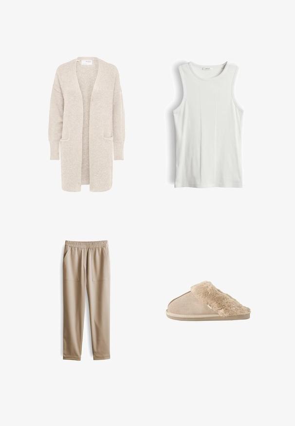 Lange beige open cardigan met lange mouwen en twee voorzakken, zachte gestructureerde gebreide stof.; Witte mouwloze geribbelde tanktop met ronde hals, maat 36, met verticale textuurstrepen in het midden.; Beige elastische broeken met een tailleband, twee voorzakken, taps toelopende pijpen en een gladde textuur, geschikt voor casual kleding.; Beige instappantoffel met zachte suède buitenkant en een zachte, pluizige voering en boord, ontworpen voor binnencomfort.