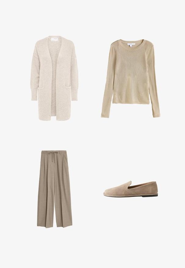 Lang beige åben cardigan med lange ærmer og to forlommer, blødt tekstureret strikstof.; Beige ribstrikket langærmet sweater med rund halsudskæring og slim fit, vist fladt med synligt mærke ved kraven.; Beige højtaljede bukser med en afslappet pasform, der har pletter og en snøre i taljen. Materialet ser ud til at være tekstureret og let.; Beige ruskind slip-on loafers med rund tå, lav flad hæl, syet sål og elastisk sideindsats for nem påtagning.