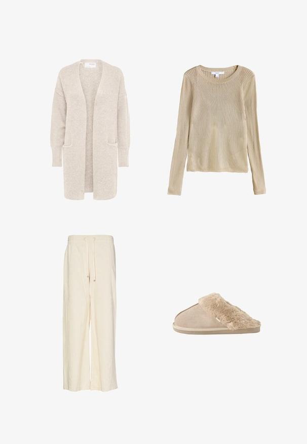 Lang beige åben cardigan med lange ærmer og to forlommer, blødt tekstureret strikstof.; Beige ribstrikket langærmet sweater med rund halsudskæring og slim fit, vist fladt med synligt mærke ved kraven.; Bredde benbukser i creme, lavet af et tekstureret stof med et ribbet mønster. Har en elastisk talje med snøre for justerbarhed.; Beige slip-on tøfler med blødt ruskind yderside og blødt, fluffy inderfor og manchet, designet til komfort indendørs.