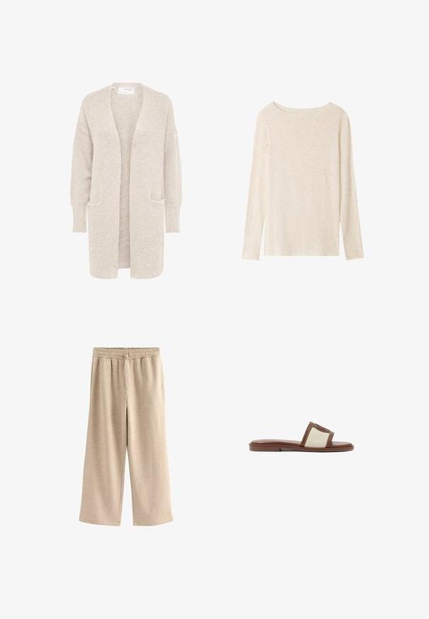 Lang beige åben cardigan med lange ærmer og to forlommer, blødt tekstureret strikstof.; Langærmet, lysebeige striktop med bådudskæring og subtil meleret tekstur.; Beige vide benbukser lavet af blødt stof, med en elastisk talje og snor, og en diskret prikket tekstur hele vejen igennem.; Brune læderslidesandal med en beige vævet overdel, flad sål og rund tå. Designet inkluderer en logoakcent på remmen.